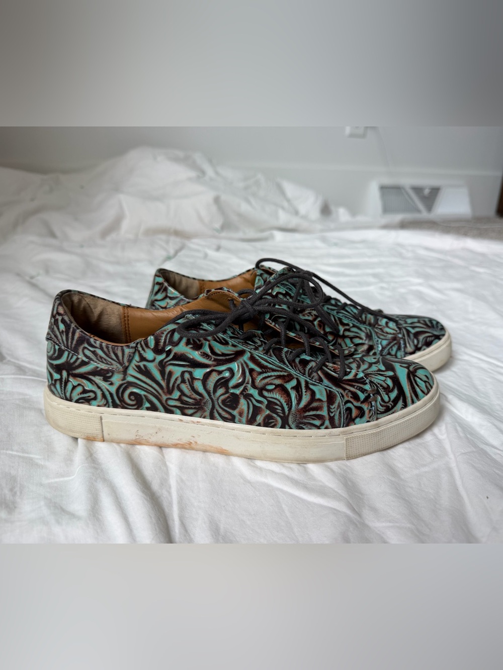 Patricia Nash Turquoise and Black Embossed Leather Sneakers - Picture 2 of 5